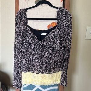 Lush Black Top with Light Pink Floral Print and Puff Sleeves